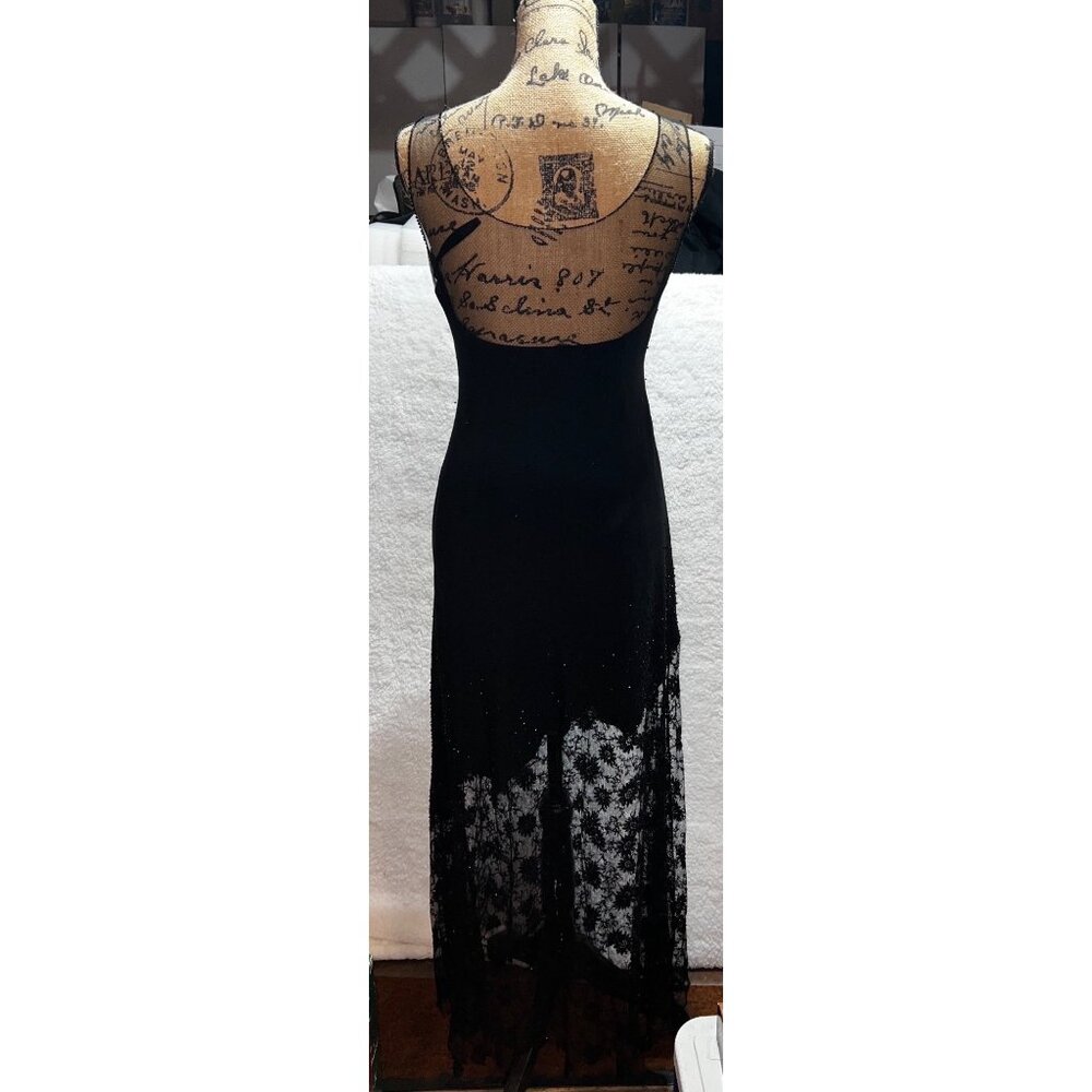 Vintage Jovani Black Beaded Lace Slip Dress w Sheer Floral Hem Size 6 - Picture 2 of 11